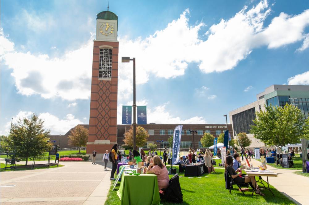 large shot of event with gvsu clock tower present